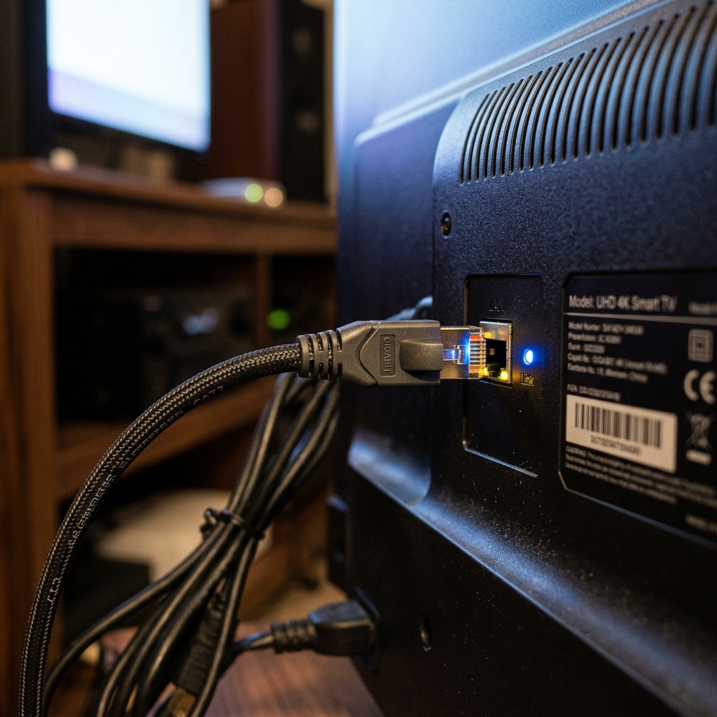 Ethernet networking cable plugged into a compact media streaming player next to a dual-band wireless router