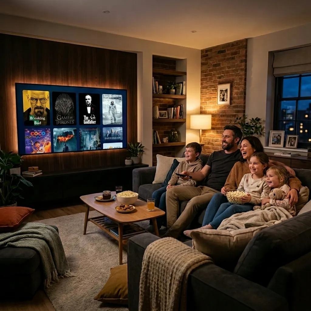 High-definition television screen streaming live international sports and entertainment in a living room