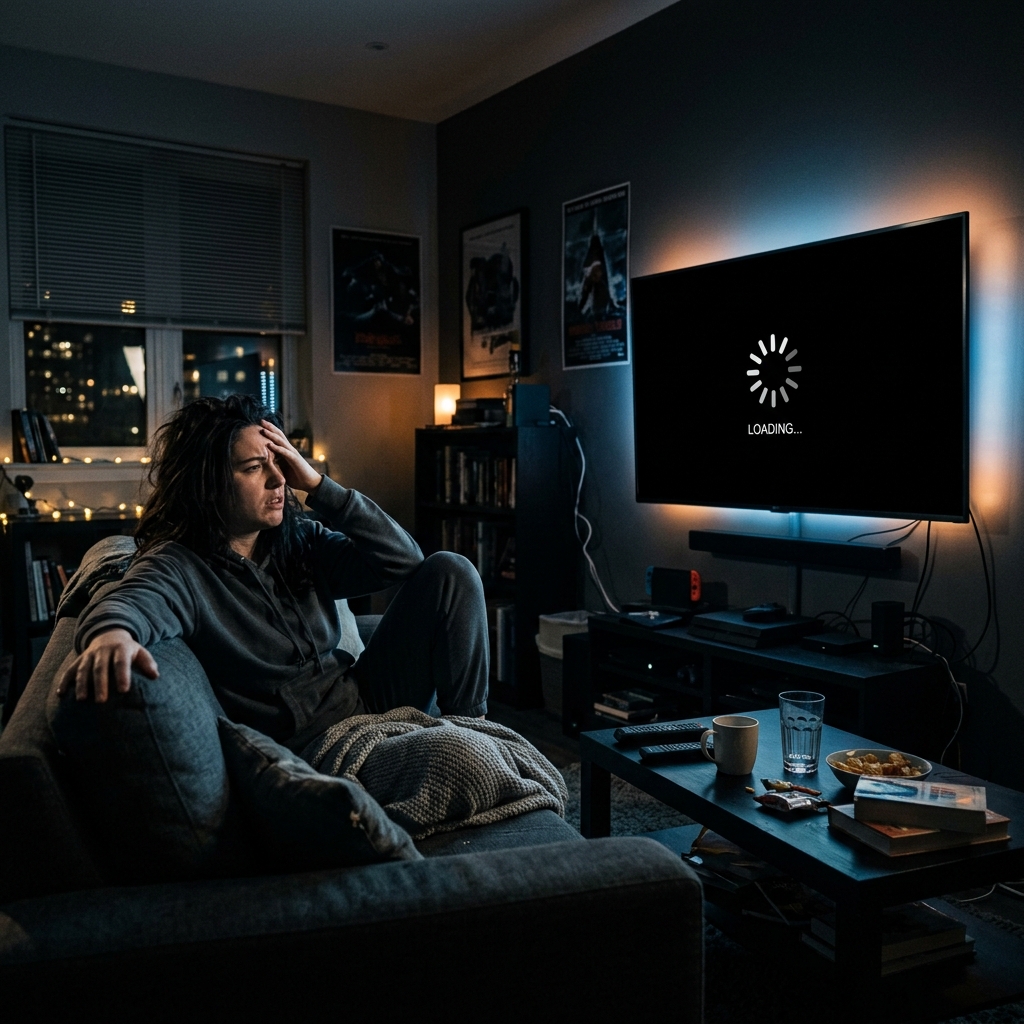 Television screen paused on a frozen live video frame with a buffering loading spinner in a dark room