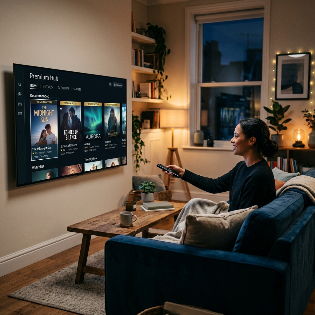 Viewer comfortably streaming live television and movies on a modern Smart TV in a living room