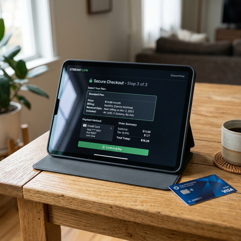 Secure digital tablet displaying transparent IPTV subscription pricing and verified checkout details