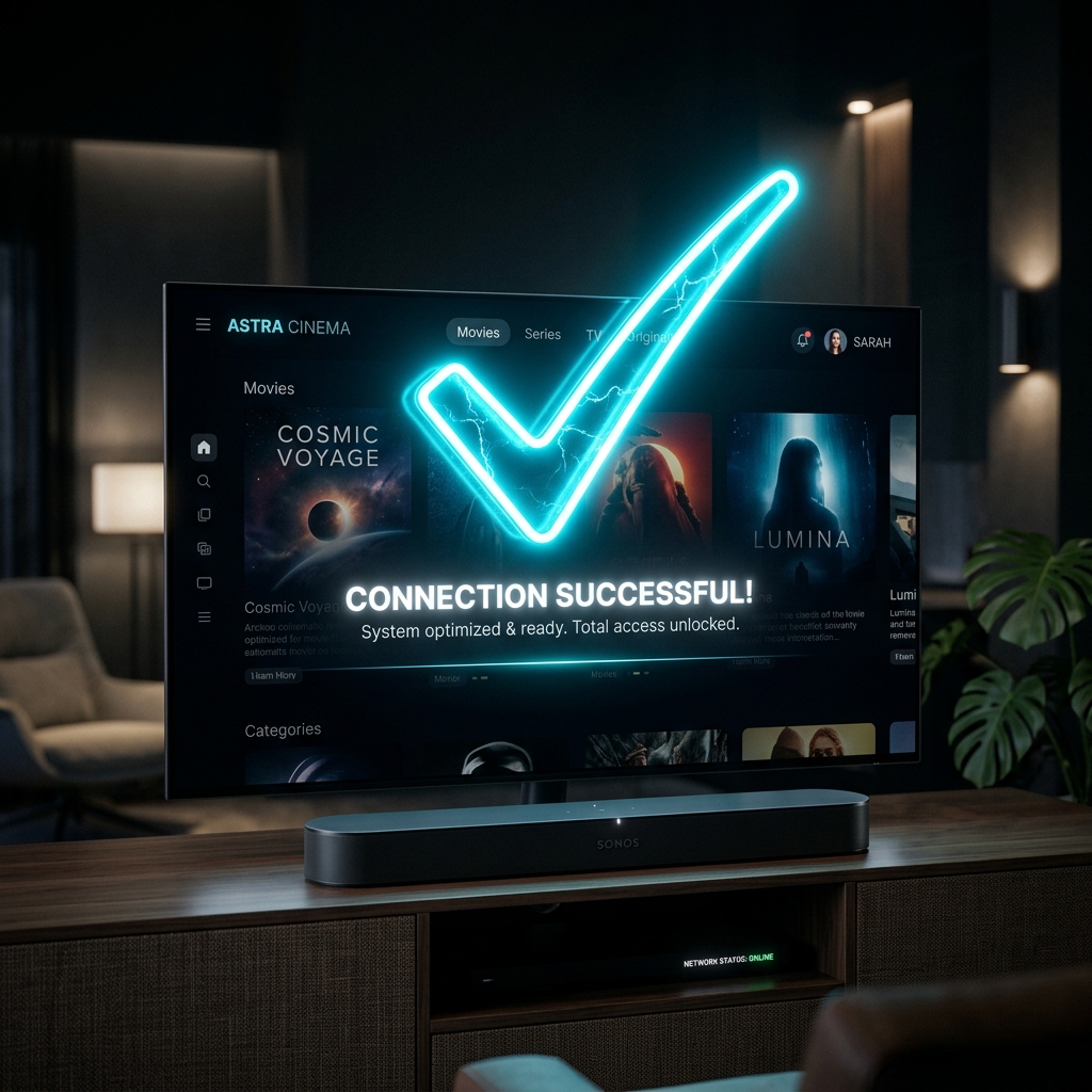 Smart television screen confirming a verified and successful IPTV streaming connection