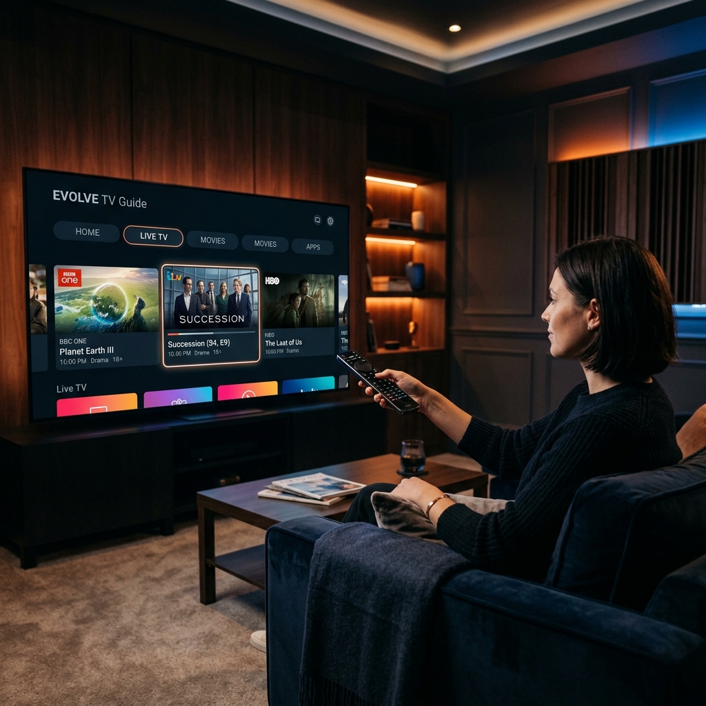 TiviMate Premium modern television guide interface with dark theme and live preview