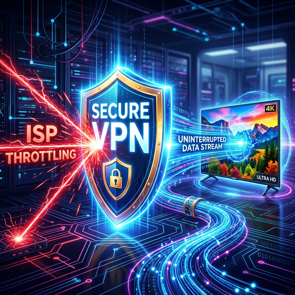 Conceptual digital graphic showing network data encryption protecting internet streaming from bandwidth throttling